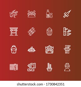 Editable 16 japanische Icons für Web und Mobile. Auf Japanisch inklusive Ikonen Zeile Sumo, Bamboo, Kampfkunst, Sushi, Dragon, Rice, Geisha, Nunchaku, Torii, Sai, Sake, Shogun auf rot