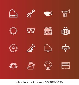 Editable 16 jazz icons for web and mobile. Set of jazz included icons line Piano, Musician, Cowbell, Tambourine, Cymbals, Trumpet, Cymbal, Drum, Timpani, Mandolin on red