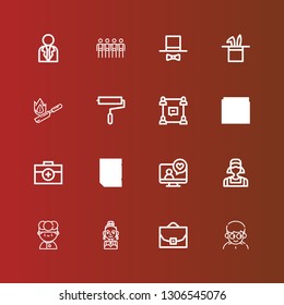 Editable 16 job icons for web and mobile. Set of job included icons line Man, Case, Actress, Chef, Clerk, Videocall, Resume, Briefcase, Folder, Group, Paint roller, Flambe on red