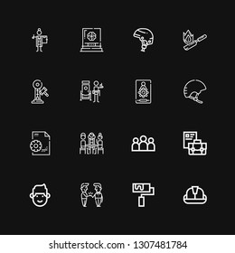 Editable 16 job icons for web and mobile. Set of job included icons line Helmet, Roller, Handshake, Man, Briefcase, Group, Management, Admin, Doorman, Hammer on black background