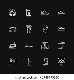 Editable 16 jogging icons for web and mobile. Set of jogging included icons line Gym station, Fitness, Exercise, Treadmill, Sneakers, Diet, Sneaker, Sweatpants on black background