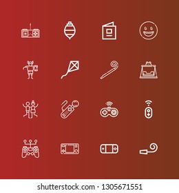 Editable 16 joy icons for web and mobile. Set of joy included icons line Party whistle, Gamepad, Controller, Joy, Swing, Party blower, Kite, Troll, Happy, Baby book, Spinning top on red