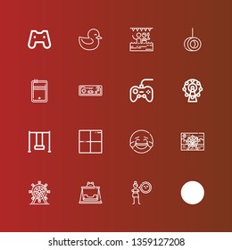 Editable 16 joy icons for web and mobile. Set of joy included icons line Swing, Cynicism, Ferris wheel, Laughing, Delicious, Gamepad, Joystick, Pool, Duck on red