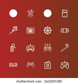 Editable 16 joy icons for web and mobile. Set of joy included icons line Gamepad, Baby book, Joystick, Party blower, Controller, Ferris wheel, Kite, Pool, Swing, Joy on red