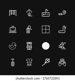 Editable 16 joy icons for web and mobile. Set of joy included icons line Gamepad, Kite, Jester, Controller, Jumping, Arcade game, Duck, Delicious, Swing, Party whistle on black background