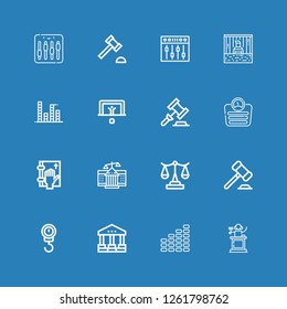 Editable 16 judge icons for web and mobile. Set of judge included icons line Judge, Equalizer, Courthouse, Scale, Auction, Oath, Penalty, Prisoner, Auction hammer on blue background