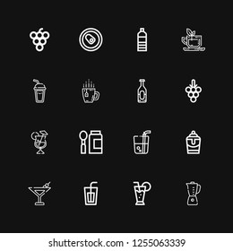 Editable 16 juice icons for web and mobile. Set of juice included icons line Blender, Cocktail, Soda, Martini, Milkshake, Drink, Baby food, Grapes, Tea, Water bottle on black background