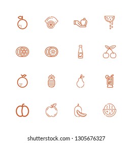 Editable 16 juicy icons for web and mobile. Set of juicy included icons line Watermelon, Melon, Apple, Plum, Lemonade, Pear, Pineapple, Orange, Cherry, Juice on white background
