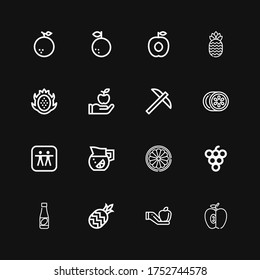 Editable 16 juicy icons for web and mobile. Set of juicy included icons line Apple, Pineapple, Juice, Grape, Orange, Lemonade, Lemon, Pick, Dragon fruit, Apricot on black background