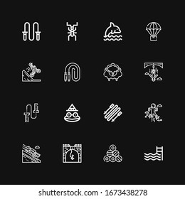 Editable 16 jump icons for web and mobile. Set of jump included icons line Swimming pool, Pool, Bungee jumping, Luge, Jumping, Skii, Toad, Skipping rope, Sheep on black background