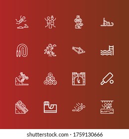 Editable 16 iconos de salto para web y móvil. Juego de saltos incluido íconos de línea Piscina, Skydiving, Parque Skate, Luge, Cricket, Salto Bungee, Bmx, Piscina, Jumping, cuerda de saltar en rojo