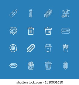 Editable 16 junk icons for web and mobile. Set of junk included icons line Hotdog, Garbage, Fries, French fries, Trash can, Hot dog, Delete, Trash, Bin, Sandwich on blue background