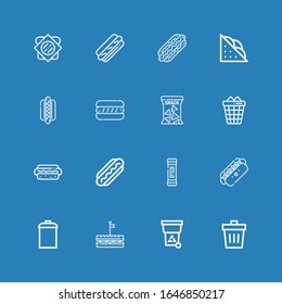 Editable 16 iconos basura para web y móvil. Conjunto de basura incluido íconos línea Trash, Sandwich, Basura, Hot dog, Snack, Hotdog, Basura en fondo azul
