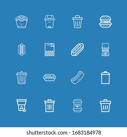 Editable 16 junk icons for web and mobile. Set of junk included icons line Trash, Waste, Bin, Garbage, Hot dog, Hotdog, Sandwich, Delete, Hamburguer, Trash can on blue background