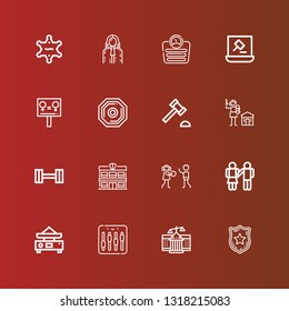 Editable 16 justice icons for web and mobile. Set of justice included icons line Police badge, Courthouse, Equalizer, Balance, Equality, Human rights, Police station, Weight on red