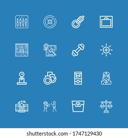 Editable 16 justice icons for web and mobile. Set of justice included icons line Justice, Scale, Human rights, Courthouse, Police, Guillotine, Handcuffs, Weight on blue background