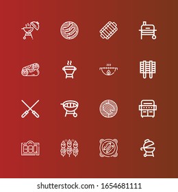 Editable 16 kebab icons for web and mobile. Set of kebab included icons line Grill, Bbq, Barbecue, Skewers, Burrito on red