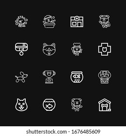 Editable 16 kennel icons for web and mobile. Set of kennel included icons line Dog house, Dog, Fish bowl, Pet, Veterinary, Collar on black background