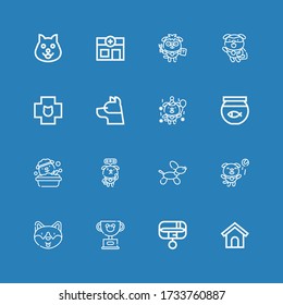 Editable 16 iconos de kennel para web y móvil. Conjunto de perrera incluido íconos línea Casa de perro, Collar, Mascota, Perro, Cuenco de pescado, Veterinario sobre fondo azul