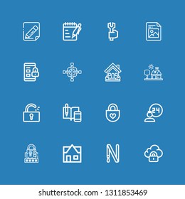 Editable 16 key icons for web and mobile. Set of key included icons line Security, Key ring, Real estate, Password, Room service, Padlock, Notes, Unlocked, House on blue background