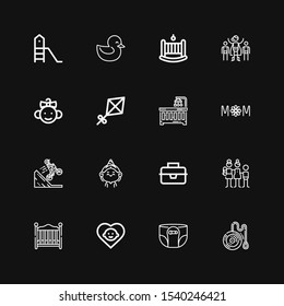 Editable 16 kid icons for web and mobile. Set of kid included icons line Yoyo, Diaper, Baby, Baby bed, Family, Lunchbox, Birthday girl, Bmx, Mom, Baby crib on black background