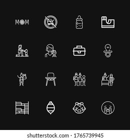 Editable 16 Kid Icons For Web And Mobile. Set Of Kid Included Icons Line Crying, Baby Girl, Spinning Top, Bunk Bed, Birth, Family, Baby Chair, Stuffed Animal On Black Background