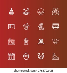 Editable 16 iconos infantiles para web y móvil. Conjunto de niños incluidos íconos línea de autos Bumper, Payaso, Cerámica, Crayón, Parque de Diversiones, Jardines de Infantes, Ninja, Swing, Invitación de cumpleaños en rojo