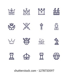 Editable 16 king icons for web and mobile. Set of king included icons line Gorilla, Rook, Crown, Chess, Pharaoh, Viking, Miss world, Scepter, Lance, Fortress on white background