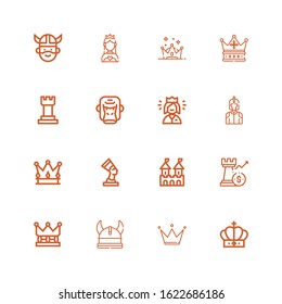 Editable 16 king icons for web and mobile. Set of king included icons line Crown, Viking, Rook, Fortress, Pharaoh, Knight, Queen, Gorilla, Chess, Miss world on white background