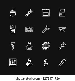 Editable 16 kitchenware icons for web and mobile. Set of kitchenware included icons line Spatula, Pot, Apron, Mixer, Grate, Bottle opener, Stove, Grater, Oven on black background