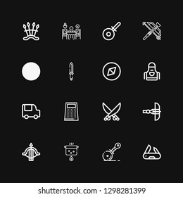 Editable 16 knife icons for web and mobile. Set of knife included icons line Swiss army knife, Pizza cutter, Boil, Crossbow, Saber, Grater, Food truck, Apron on black background