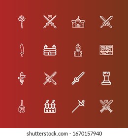 Iconos editables de 16 knight para web y móvil. Conjunto de caballeros incluía íconos línea Espada, Espada, Fortaleza, casco romano, Ajedrez, Castillo, Caballero, Saber, Lance, Mace en rojo