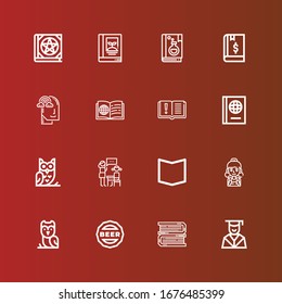 Editable 16 knowledge icons for web and mobile. Set of knowledge included icons line Graduation, Books, Cap, Owl, Student, Book, Lesson, Imagination on red