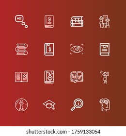 Editable 16 knowledge icons for web and mobile. Set of knowledge included icons line Thinking, Information, Mortarboard, Info, Toga, Book, Thesis, Vision, Books, Lesson on red