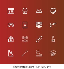 Editable 16 label icons for web and mobile. Set of label included icons line Lemon, Boots, Barbecue fork, Rocks, Rum, Link, Acrylic, Location, Parking, Online shop, Gps on red