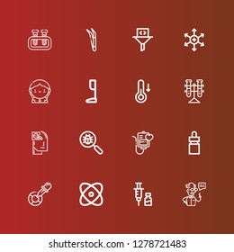 Editable 16 laboratory icons for web and mobile. Set of laboratory included icons line Scientist, Vaccine, Physics, Eyedropper, Eye dropper, Blood transfusion, Virus search on red