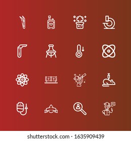 Editable 16 laboratory icons for web and mobile. Set of laboratory included icons line Scientist, Research, Blood donation, Dropper, Rat, Tube, Physics, Temperature, Flask on red