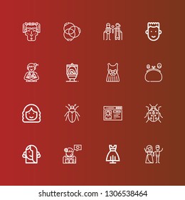 Editable 16 lady icons for web and mobile. Set of lady included icons line Couple, Dress, Girl, Ladybug, Profile, Beetle, Woman, Purse, Wc, Boy, Ponytail on red