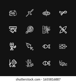 Editable 16 lake icons for web and mobile. Set of lake included icons line Fishing, Fish, Ice fishing, Kayak, Cryptozoology, Canoe, Fishing rod on black background