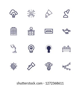 Editable 16 lamp icons for web and mobile. Set of lamp included icons line Light, Creativity, Lantern, Idea, Double bed, Lamp, Magic lamp, Tv table, Nightstand on white background