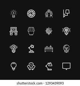 Editable 16 lamp icons for web and mobile. Set of lamp included icons line Night stand, Desk lamp, Furniture, Idea, Double bed, Creativity, Light, Vanity on black background