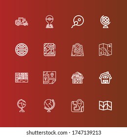 Editierbare 16 Land Icons für Web und Mobile. Grundstück inklusive Ikonen Linie Karte, Globe, Barn, Landschaft, Terra, Erdkugel, Befruchtung, Traktor auf rot