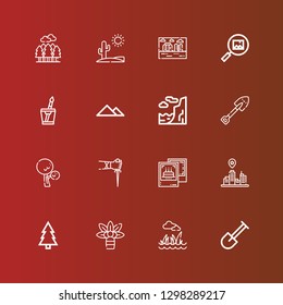 Editable 16 landscape icons for web and mobile. Set of landscape included icons line Shovel, Lawn, Palm tree, Forest, Cityscape, Pictures, Sai, Tree, Cliff, Pyramid, Water on red