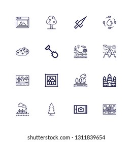 Editable 16 landscape icons for web and mobile. Set of landscape included icons line Landscape, Picture, Tree, Lawn, Angkor wat, Trees, Image gallery, Cityscape on white background