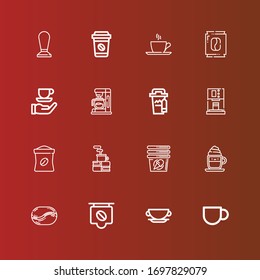 Editable 16 latte icons for web and mobile. Set of latte included icons line Coffee cup, Cup, Coffee, Coffee bean, Cappuccino, bag, machine on red