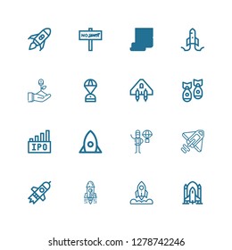Editable 16 launch icons for web and mobile. Set of launch included icons line Rocket ship, Rocket, Startup, Product release, Ipo, Missile, Spaceship, Space capsule on white background