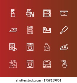 Editable 16 laundry icons for web and mobile. Set of laundry included icons line Washing, Machine, Washing machine, Cleaning, Iron, Detergent, Duster, Ironing, Laundry basket on red