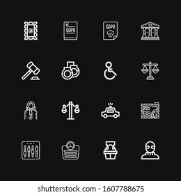 Editable 16 law icons for web and mobile. Set of law included icons line Burglar, Witness, Scale, Equalizer, Stamp, Police car, Balance, Judge, Justice, Handicap on black background