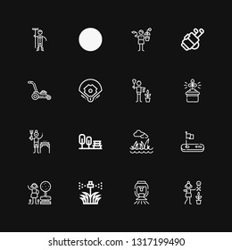 Editable 16 lawn icons for web and mobile. Set of lawn included icons line Gardener, Sprinkler, Garden, Golf, Lawn, Gardening, Baseball field, Mower on black background