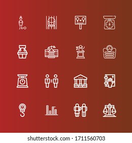 Editable 16 lawyer icons for web and mobile. Set of lawyer included icons line Justice, Equality, Equalizer, Scale, Oath, Courthouse, Judge, Witness, Prison, Guilt on red